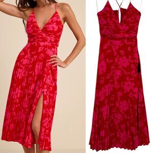 Lulus Pleated Lace Up Midi Dress XS Red and Pink Floral Vibrant Moment Tropical